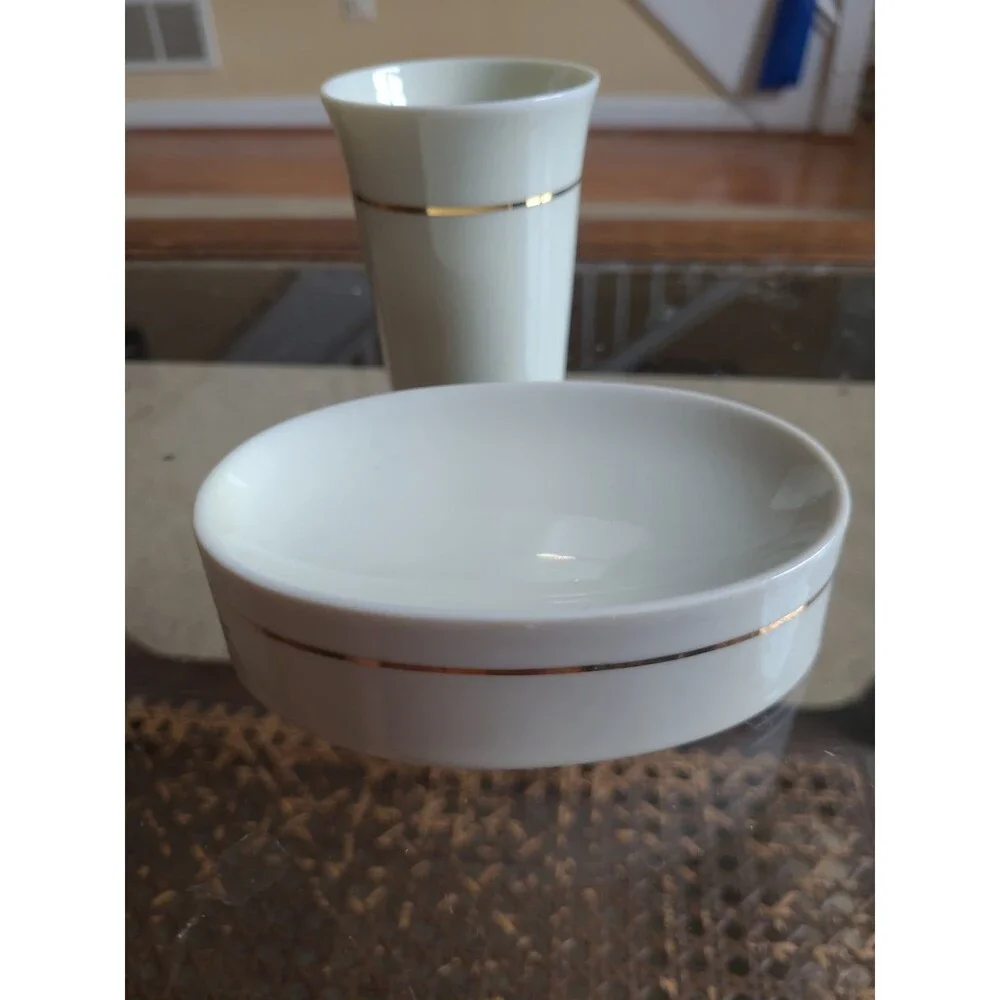 Vintage Porcelain Bathroom Set Gold Stripe Japan Cup Soap Dish